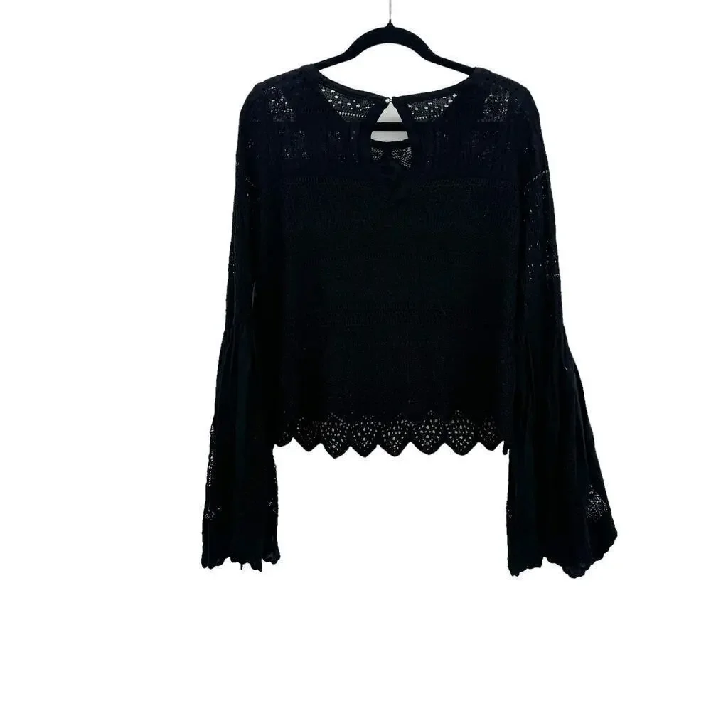 Free People Once Upon A Time Lace Bell Sleeves Top In Black Size S NWOT